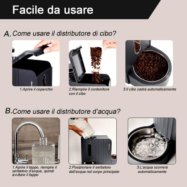 Detalle de Gardner Pet 2 in 1 Distributore automatico non elettrico cibo e acqua per gatti (3L + 1,3 kg) con ciotola inox 304, nero