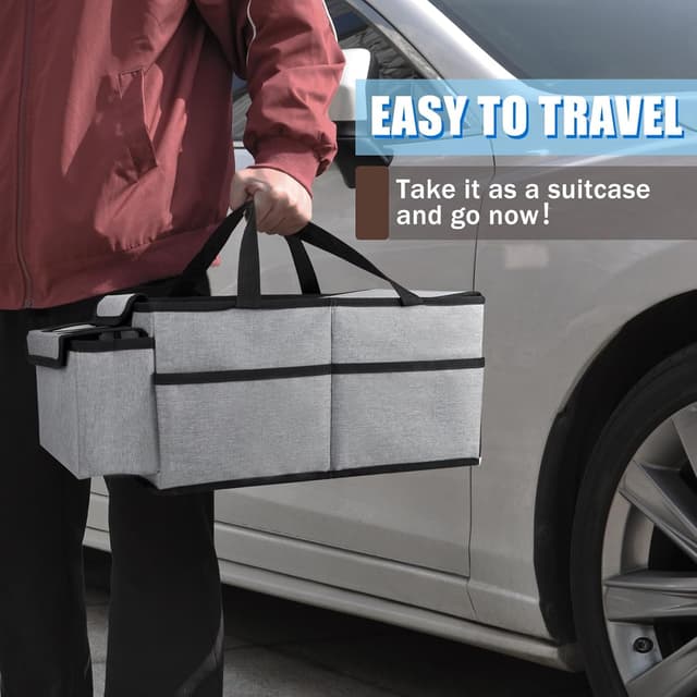 Detalle de GUWINA Car Backseat Organiser (Grey) with Lids and Straps – foldable multi-compartment storage for front, rear seats and boot