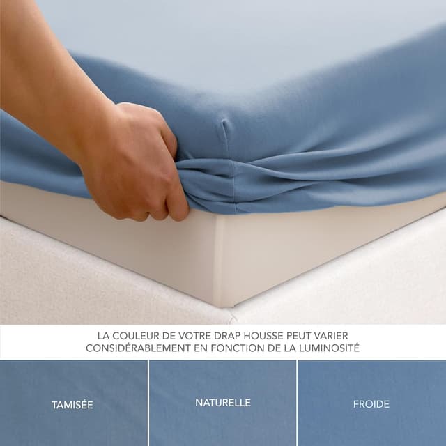 Detalle de Dreamzie Drap housse 160 x 200 en coton jersey extensible avec bonnet 30 cm (Oeko-Tex) – Bleu