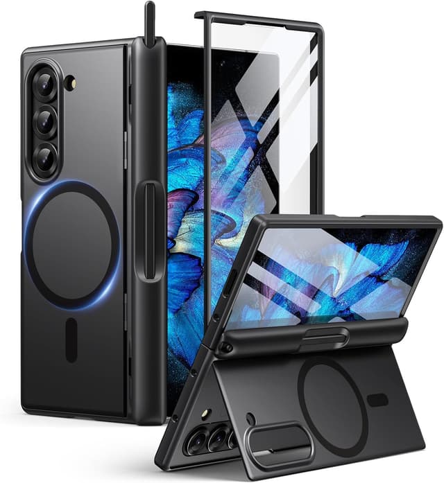 Detalle de BERFY for Galaxy Z Fold 6 Case with Screen Protector, MagSafe Compatibility, Built-in Kickstand & S Pen Slot (Black)