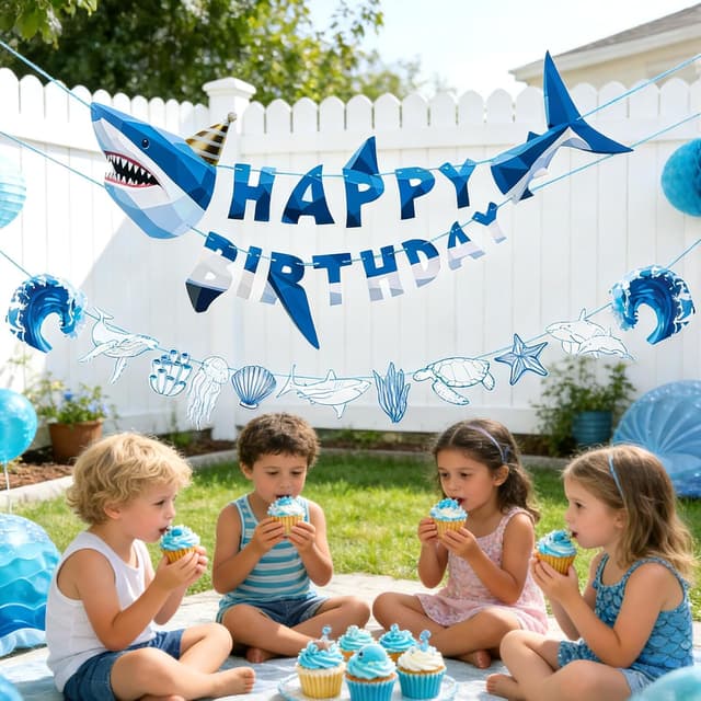 Detalle de SUNBEAUTY 3D Hai „Happy Birthday“ Banner Shark – Ozean-Thema Girlande für Kindergeburtstag, Classroom & Baby Shower
