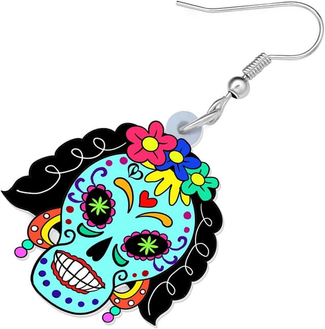 Detalle 2 de LONYOO Acryl-Schädel-Ohrhänger für Halloween und „Tag der Toten“ – leicht, beidseitig bedruckt, mit Samtbeutel