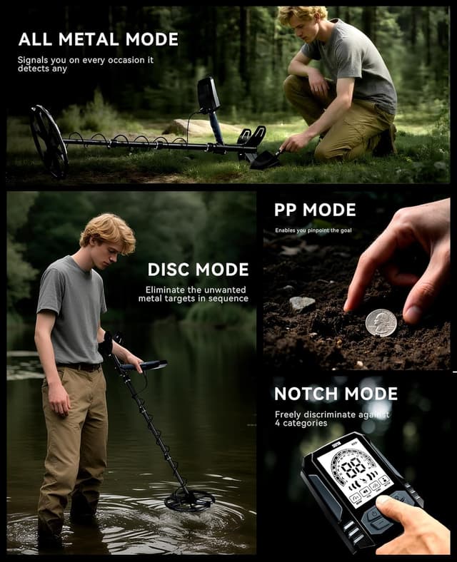 Detalle de SUNPOW Rechargeable Metal Detector for Adults with 10'' Deep Dual-D Coil, 35H Lithium Battery and 7-Metal ID