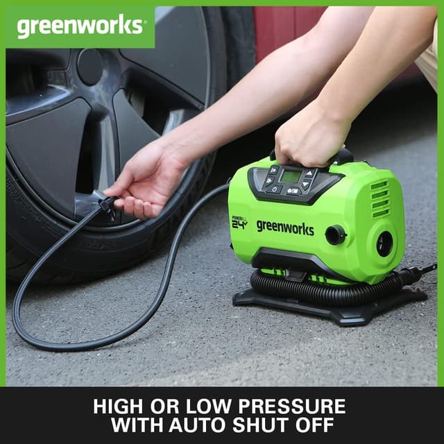 Detalle de Greenworks G24IN Battery Air Pump (11 Bar) with Low/High Pressure, Auto Shut-Off & 3 Adapters (Tool Only)