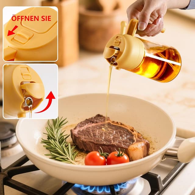 Detalle 2 de SWEET VIEW 2-in-1 Ölsprüher und Ölspender mit Glasflasche, 470 ml (gelb) – zum Kochen, Grillen & Heißluftfritteuse