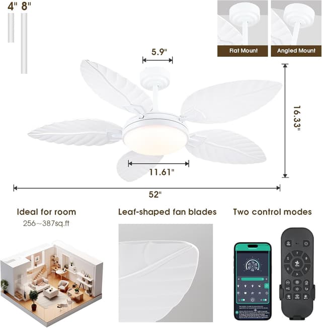 Detalle 2 de PHORUS 52" Palm Leaf Ceiling Fan with Lights (White Tropical Outdoor Fan w/ Remote & APP) — 6 Speeds, Dimmable LED