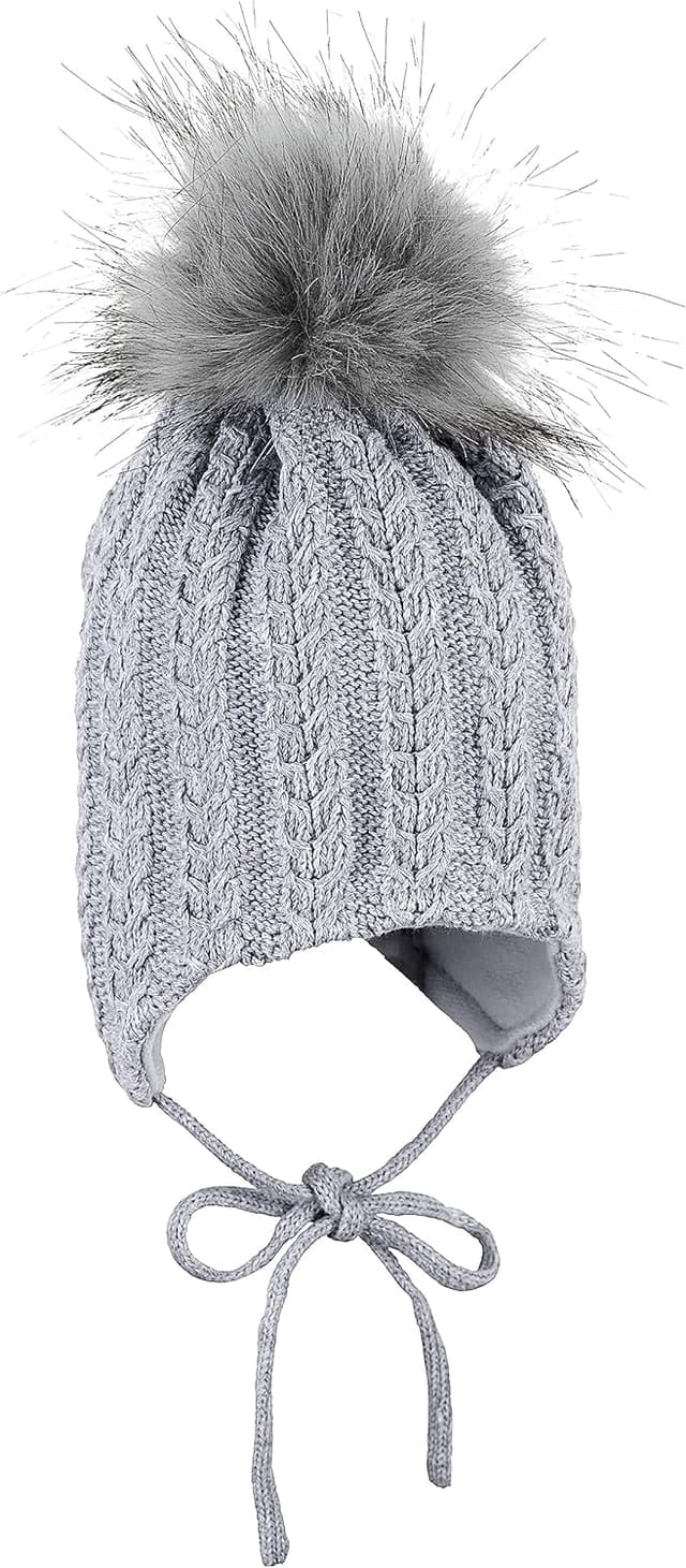 Detalle de Sterntaler Strickmütze mit Ohrenklappen und Bindebändern (unisex) – Silber mel, für 9–12 Monate