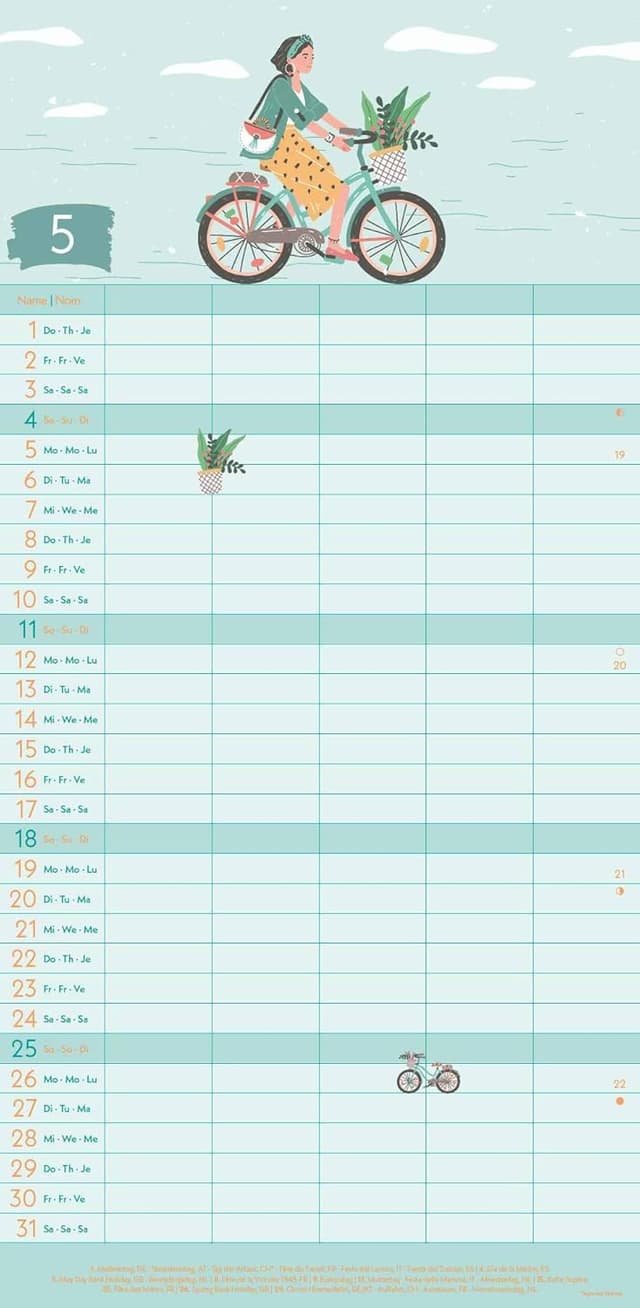 Detalle de GreenLine Green Vibes 2025 Familienplaner (22x45 cm) mit Spiralbindung – Familienkalender in 5 Spalten