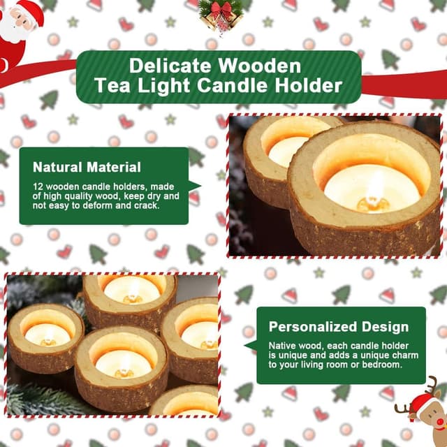 Detalle de EMAGEREN 12 Wooden Tea Light Candle Holders set – rustic wooden votive holders for wedding centrepieces