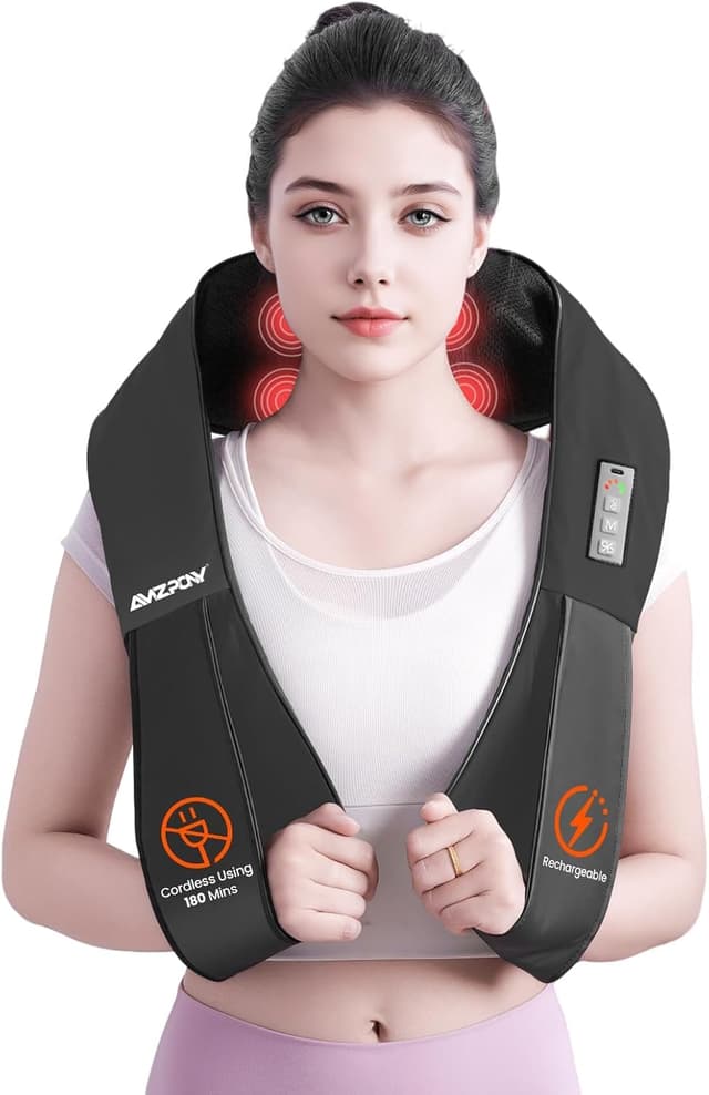 Detalle de AMZPONY Cordless Neck Massager with Heat, Rechargeable Shiatsu Deep Tissue for Neck, Shoulders & Back