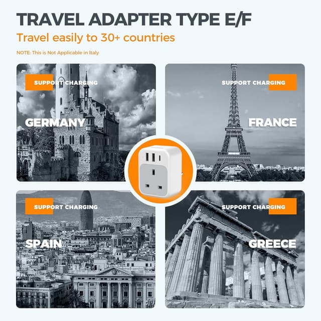 Detalle de UK to Europe Plug Adapter with 3 USB (Type E/F Schuko) by TESSAN — EU Travel Adaptor for Multiple Countries