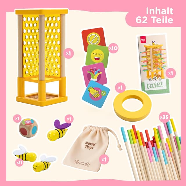 Thumbnail 6 de Nene Toys BeeFall Bienen Geschicklichkeitsspiel (4-in-1) mit Würfel, Aktionskarten & Rainbow Sticks – Holz-Turmspiel für Kinder ab 3