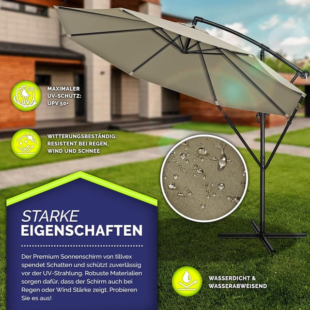 Detalle 2 de tillvex Alu-Sonnenschirm mit Abdeckung Ø 300 cm, Kurbel & 360° drehbar (Ampelschirm)
