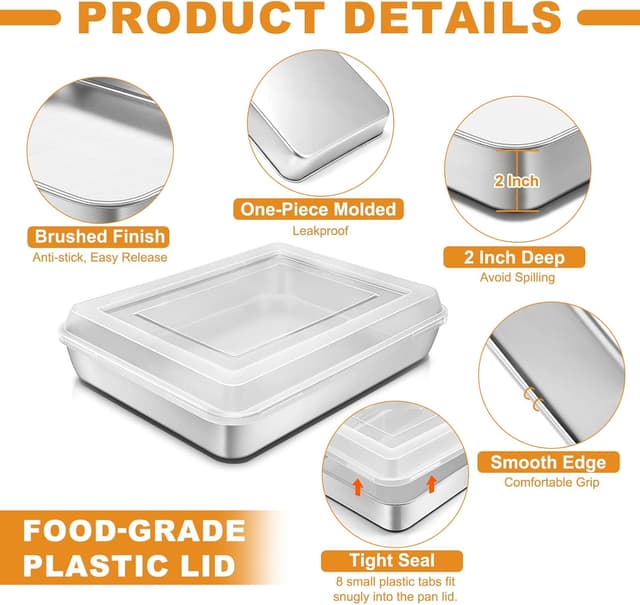 Detalle de Blingco Stainless Steel Baking Pan with Lid (12⅓ x 9¾ x 2 in Deep) — 2 Rectangular Cake Pans + 2 Lids