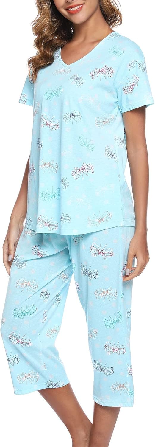 Detalle de ENJOYNIGHT Women’s Cotton Pajama Set (Short Sleeve Top & Capri Pants) 2-Piece Lounge Sleepwear