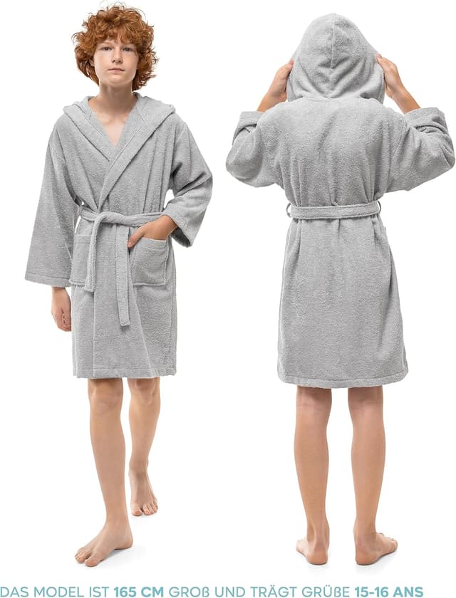Detalle de Twinzen Bademantel für Kinder & Teenager mit Kapuze aus 100% Baumwolle (Oeko-Tex), Frottee