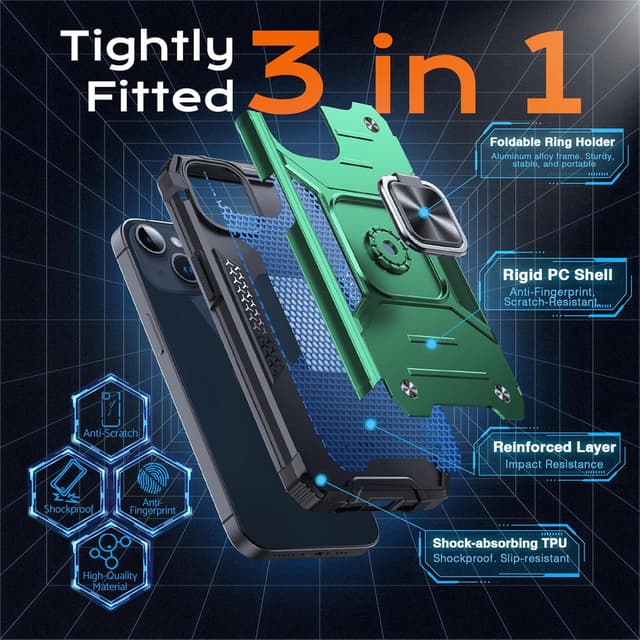 Detalle de Anqrp Armor Handyhülle für iPhone 15 mit Ringhalter und Stoßschutz (Dunkelgrün)
