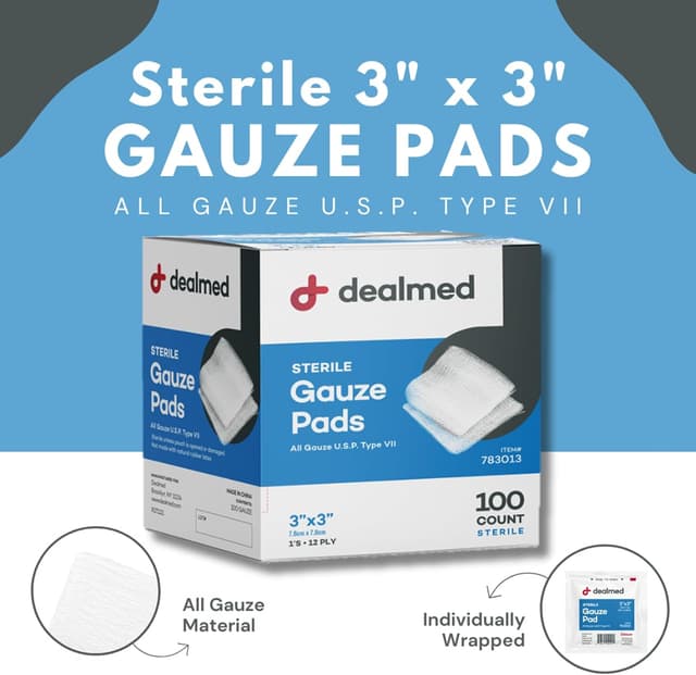 Detalle de Dealmed 3” x 3” Sterile Gauze Pads (100 Count) — Disposable, Individually Wrapped Wound Care Dressings