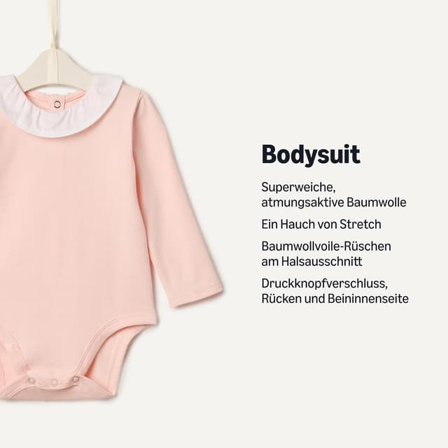 Detalle 2 de Amazon Essentials Baby Mädchen Langärmeliger Bodysuit mit Rüschenkragen (Baumwoll-Stretch)