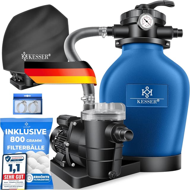 Detalle de KESSER® Sandfilteranlage mit 7-Wege-Ventil, Druckanzeige und Wettercover – Filterleistung bis 10 m³/h