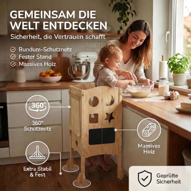Detalle 2 de BabybeFun Lernturm ab 1 Jahr, klappbar mit 360° Sicherheitsnetz & Anti-Kipp-Schutz