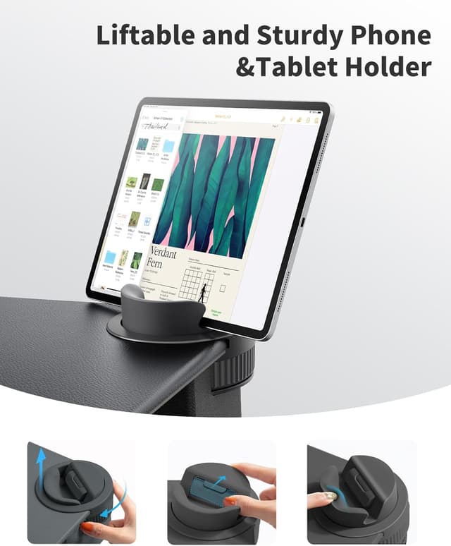 Detalle de SAIJI large leather desktop laptop tray with phone holder and wrist rest (supports up to 17-inch laptops)