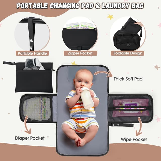 Detalle 2 de RAINSMORE Wickelrucksack Baby Wickeltasche mit Wickelunterlage – Multifunktions-Organizer für unterwegs, schwarz