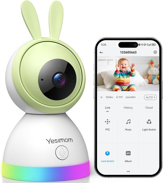 Detalle de YESIMOM Babyphone mit Kamera 1080P HD, PTZ 360° und App (WLAN, IR-Nachtsicht, 4x Zoom)