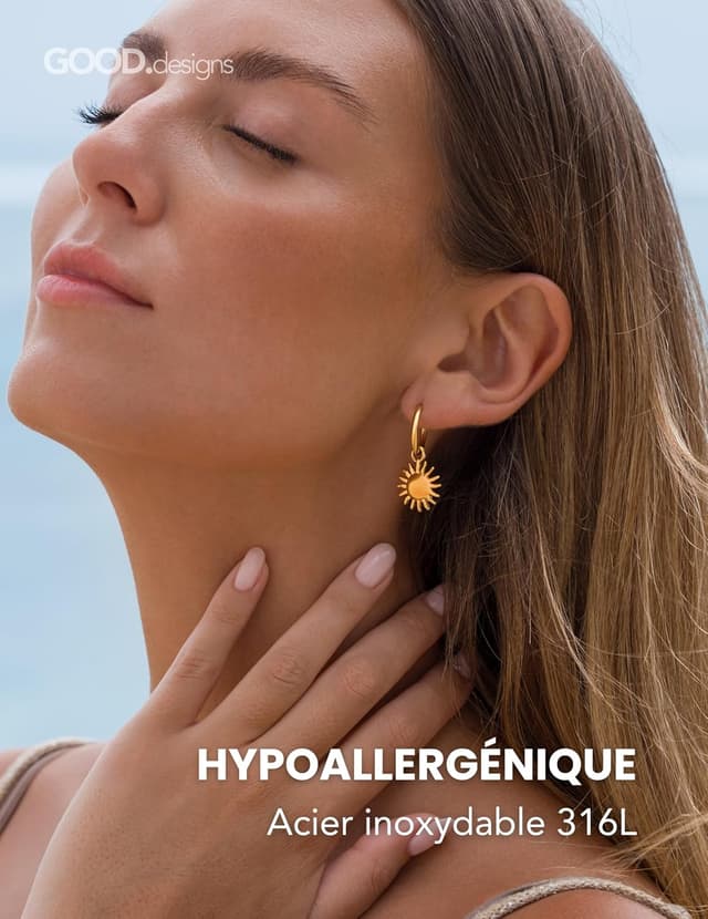 Detalle 2 de Boucles d’oreilles créoles avec pendentif soleil en acier inoxydable 316L (imperméables, 17 mm)