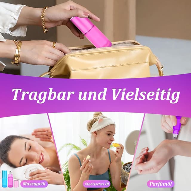 Detalle de Moosono Roll-on Flaschen Set (leer) 5 ml, 10 Stück Glas mit Edelstahl-Roller, Öffner, Tropfer & Aufklebern