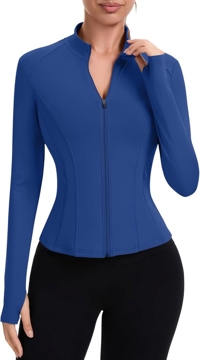 Detalle de IECCP Damen Sportjacke Langarm Laufjacke mit Reißverschluss und Daumenloch – Funktionsshirt für Gym, Yoga & Training