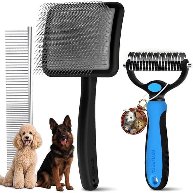 Detalle de YOYUPETA Zupfbürste für Hunde mit Langhaar – 3-teiliges Profi-Set aus Buchenholz mit Unterwoll-Rechen & Edelstahlkamm
