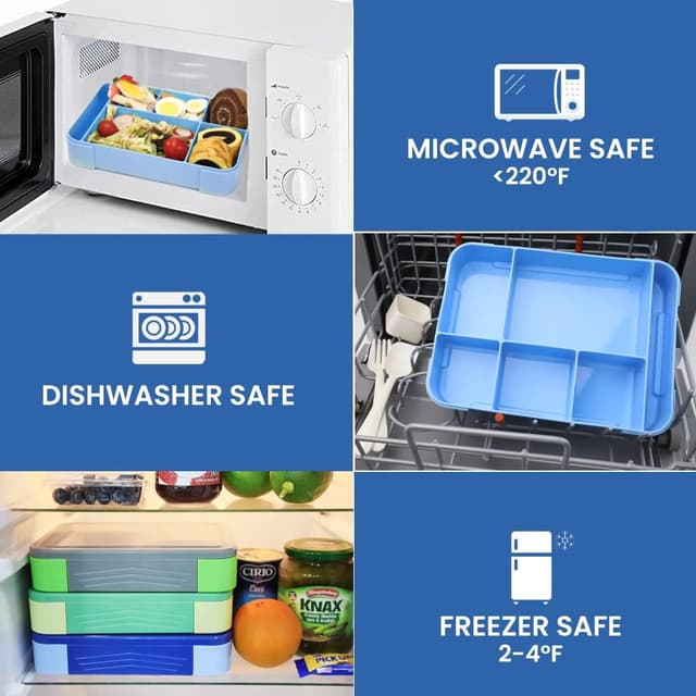 Detalle 2 de Bugucat Kinder-Brotdose mit 6 Fächern (1330 ml) – auslaufsicheres Bento inkl. Besteckset, blau