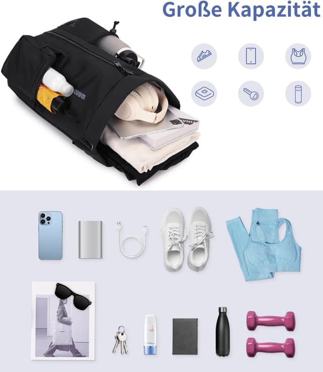 Detalle de WANDF Turnbeutel mit Schuhfach und Nassschutz – Sportbeutel mit Kordelzug, 24 Liter (Schwarz)