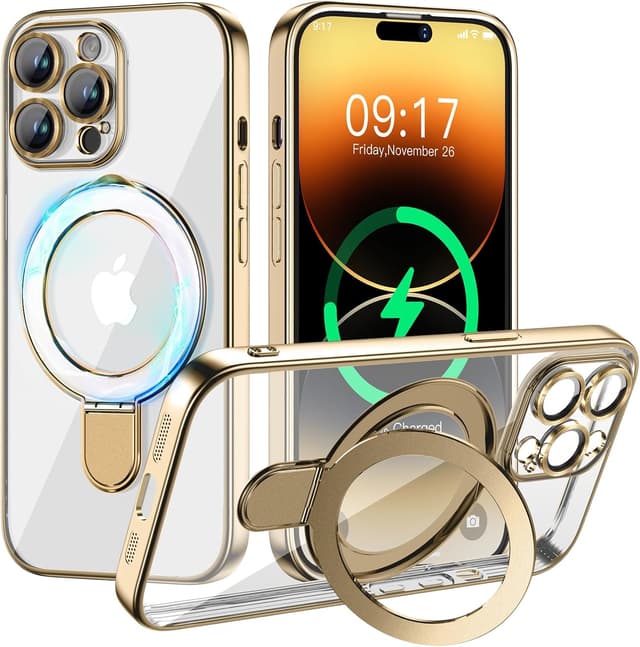 Detalle de Pmteyoim Magnetic iPhone 14 Pro Case with Invisible Stand, Full Camera Lens Protection (MagSafe-Compatible) — Gold Clear Slim