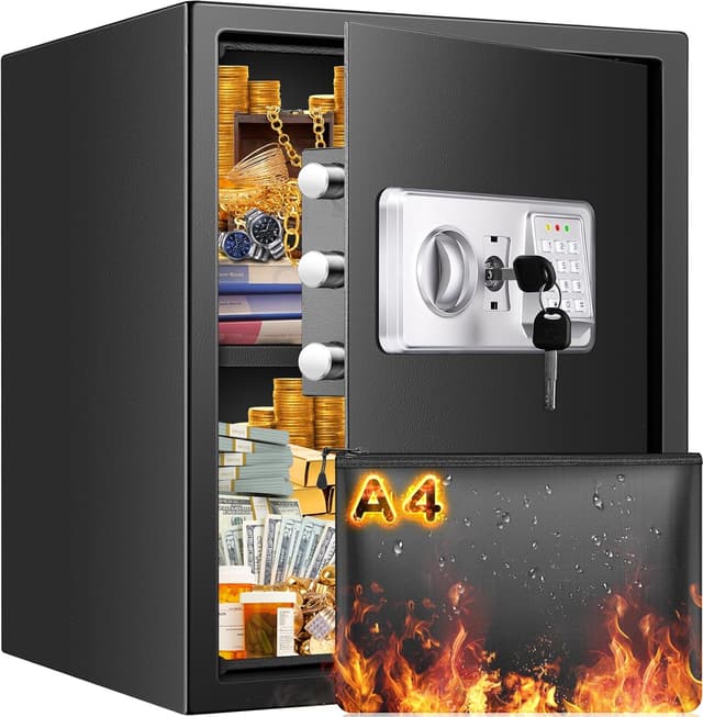 Detalle de Mejasg Large Fireproof Safe for Home (52L) with Alarm, Silent Mode & A4 Fireproof Bag