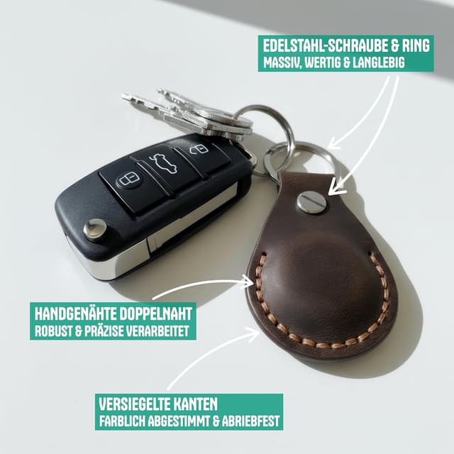 Detalle de AirGear Echtleder AirTag-Schlüsselanhänger (Braun) – Schutzhülle mit Anti-Lost Design und Schraubverschluss