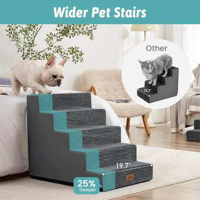 Detalle 2 de COZY KISS Wide Dog Stairs for Small Dogs – 5-Step Non-Slip Pet Steps (Dark Grey)