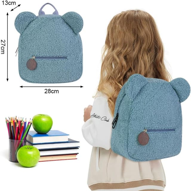 Detalle de Zaino in peluche Aomig con orsetto, zaino a spalla con orecchie e mini peluche per bambini (bianco)