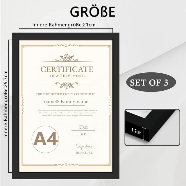 Detalle de QPQIYIY Bilderrahmen A4 (21 x 29,7 cm), 3er-Set, Schwarz