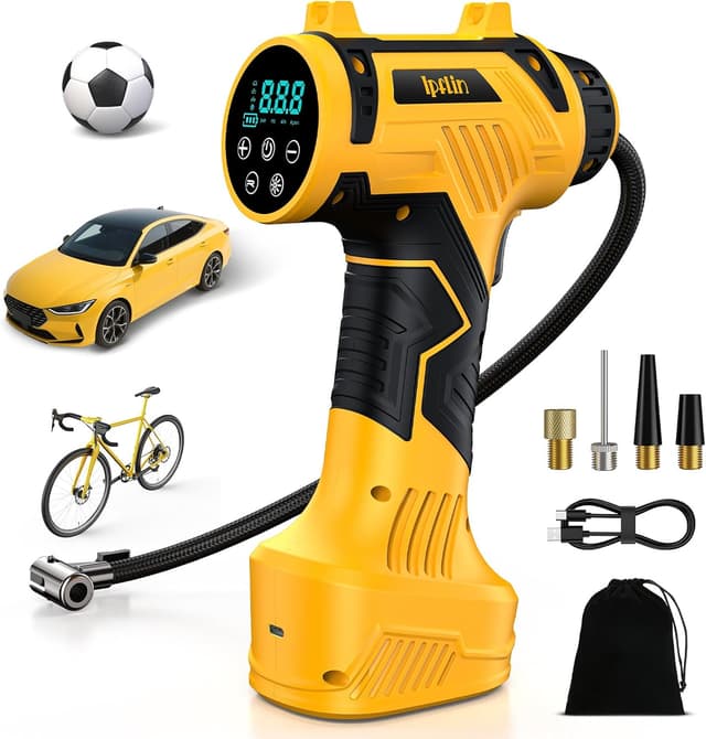 Detalle de Ipflin Tyre Inflator Air Compressor (22L/min) – cordless rechargeable tyre pump with LED and 4 preset modes