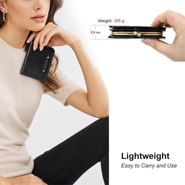 Detalle de CONTACTS women’s RFID blocking slim wallet with kiss lock coin purse – genuine leather compact bifold (black)