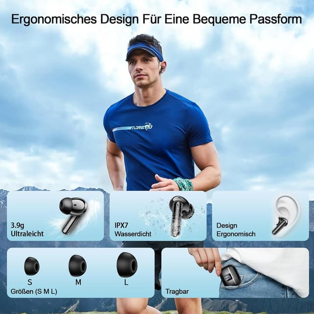 Detalle 2 de OWMSIC Bluetooth In-Ear Kopfhörer W70 Pro (Bluetooth 5.4) mit 4× ENC-Mikrofonen, 46 Std. Spielzeit und LED-Display