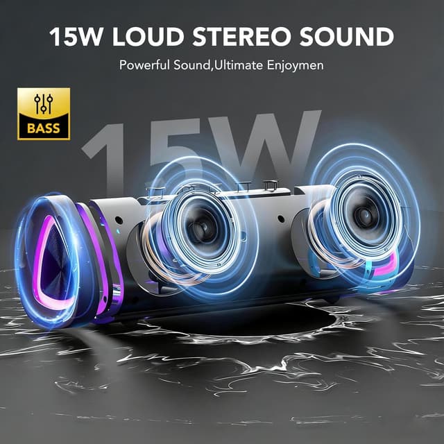 Detalle 2 de aowoka Bluetooth-Lautsprecher mit Licht, Bluetooth 5.4 & IPX7 – tragbare Musikbox für Outdoor, Party & Sport