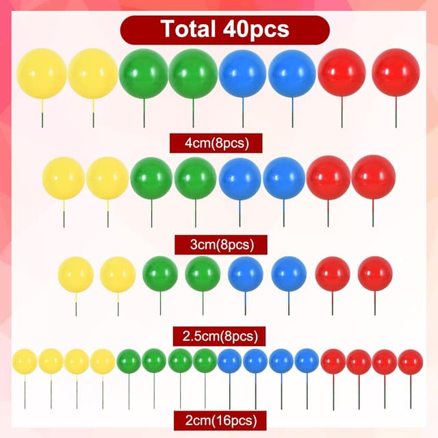 Detalle de RIBBOOO 40 pcs ball cake toppers with foam balls and wire insert rods (Red, Blue, Yellow, Green)