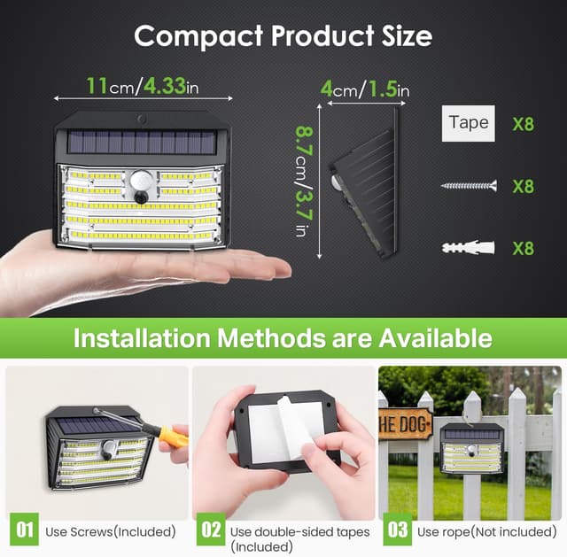 Detalle de CLAONER Solar Lights Outdoor (126LED) PIR Motion Sensor Security Wall Lights, 3 Modes, 270° Angle, IP65 Waterproof – 8 Pack