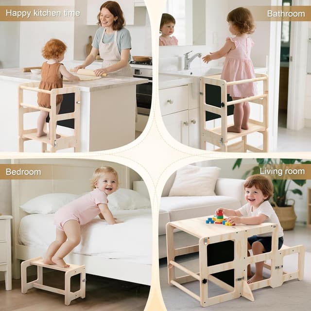 Detalle 2 de Toddler Kitchen Step Stool 4-in-1 Foldable Standing Tower with Blackboard (Ages 18 Months to 4 Years)