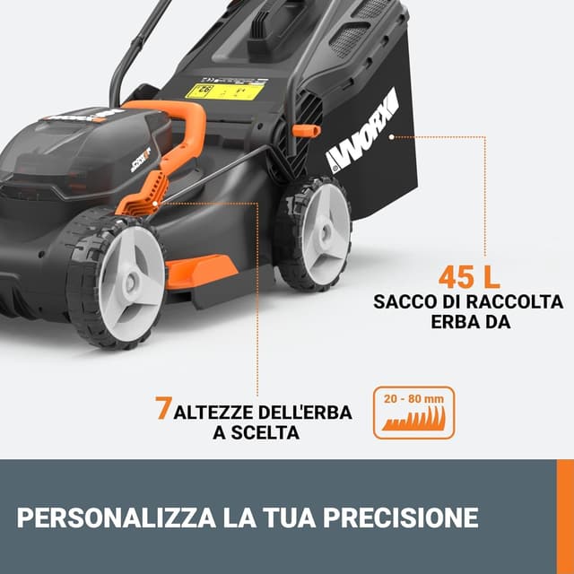 Detalle de WORX WG743E tosaerba a batteria 40 V con pacciamatura e batteria PowerShare (senza cavo) fino a 500 m²