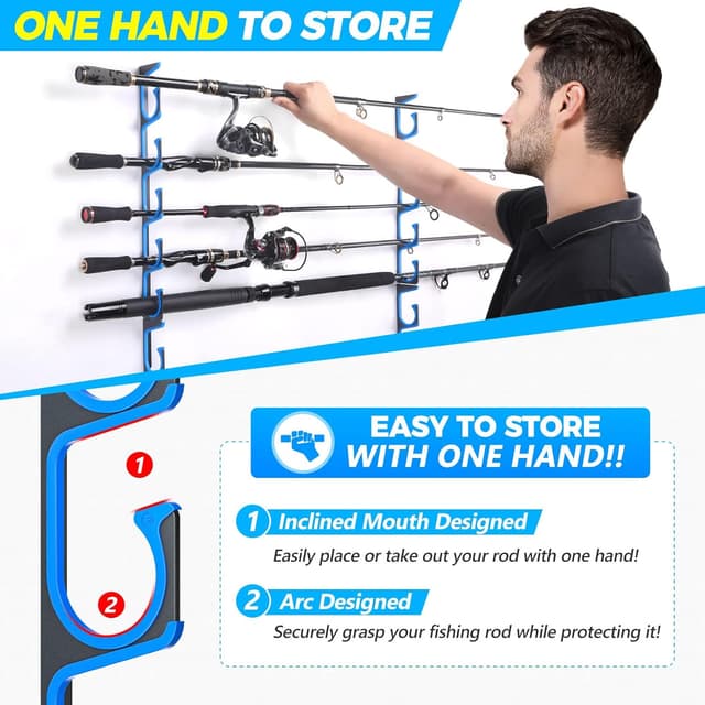 Detalle de PLUSINNO H5 Horizontal Fishing Rod Holders for Garage (Wall/Ceiling Mounted, Up to 5/10/20 Rod Storage)
