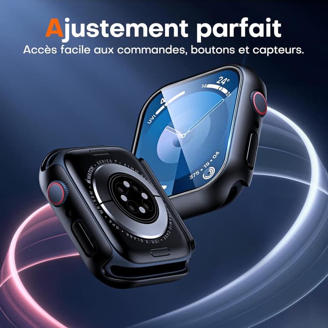 Detalle de TAURI Tauri 2 pièces coque + protection écran en verre trempé pour Apple Watch Series 9/8/7 (41 mm) – Noir